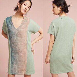Akemi + Kin • Anthropologie Hanselle cocoon dress shift green linen paneled silk